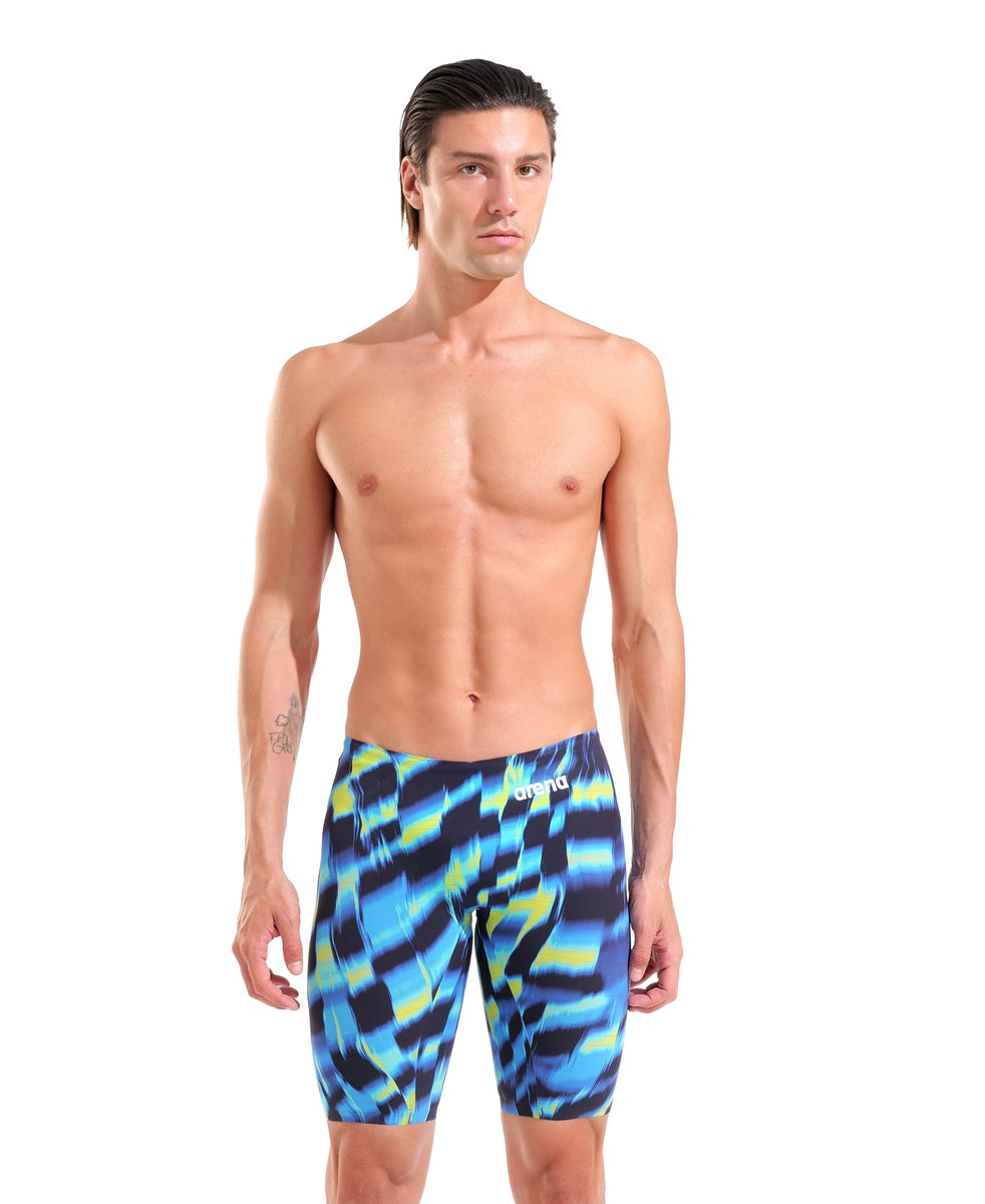Arena men's Powerskin Air3 Aqua Gleam limited edition jammer, sleek aqua and gleam design, close-up view of the swim jammers.