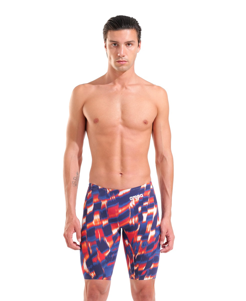 Arena men's Powerskin Air3 Aqua Gleam limited edition jammer in red, white, and blue, close-up view of the swim jammers.
