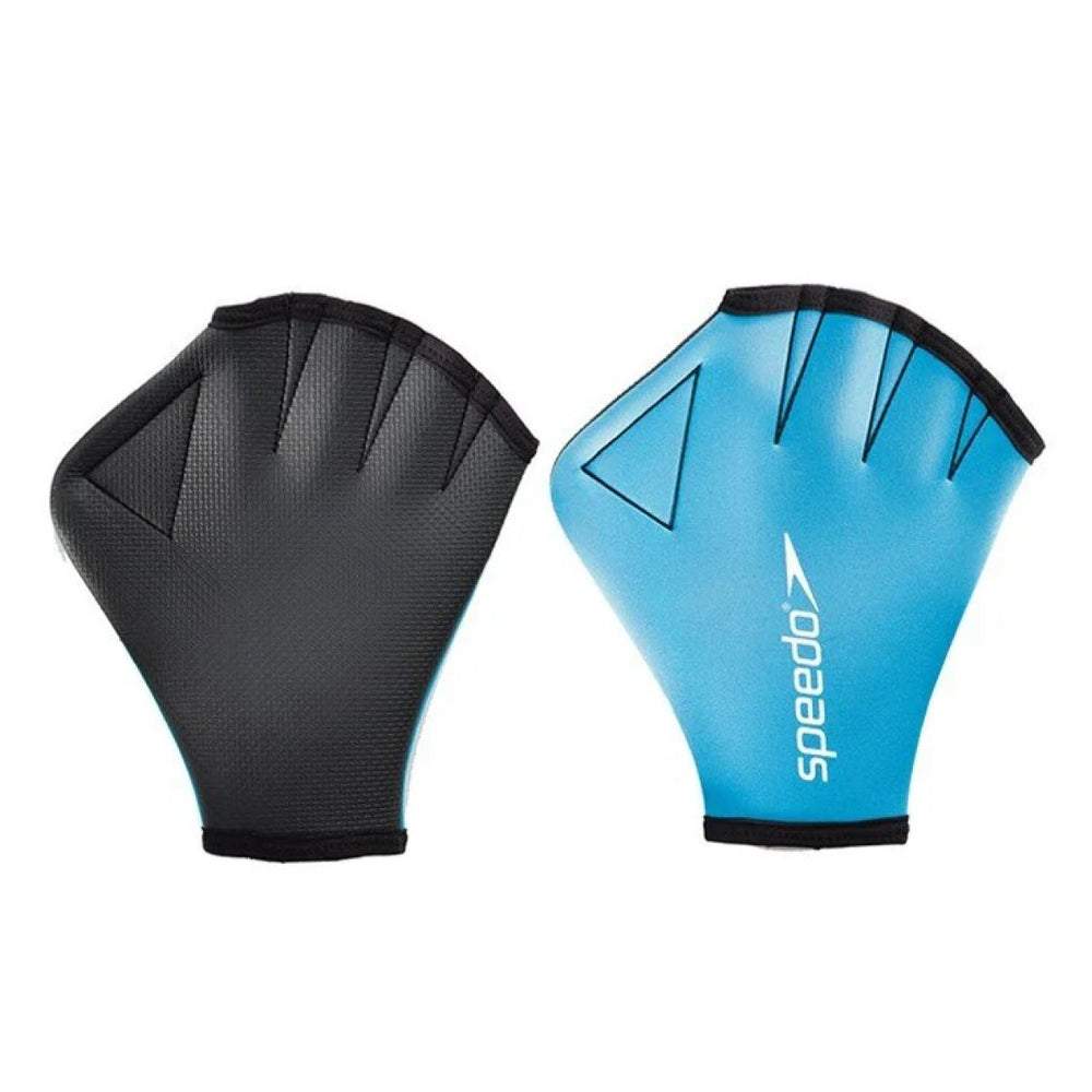 Blue Speedo Aqua Gloves paddles for swimming, featuring ergonomic hand grips and adjustable straps for comfortable water training.
