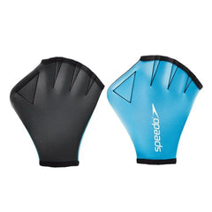Blue Speedo Aqua Gloves paddles for swimming, featuring ergonomic hand grips and adjustable straps for comfortable water training.