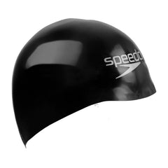 Black Speedo Fastskin swimming cap made of sleek, durable material, designed for competitive swimmers and training sessions.