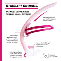 Finis Stability Snorkel in orchid color, featuring a comfortable mouthpiece and adjustable strap for snorkeling and swim training.