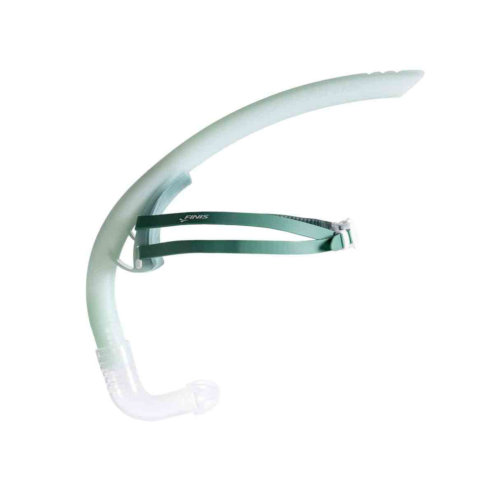Finis Stability Snorkel in sage color, designed for comfortable underwater breathing, shown on a clear background.