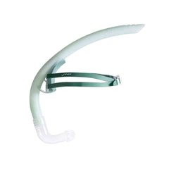 Finis Stability Snorkel in sage color, designed for comfortable underwater breathing, shown on a clear background.