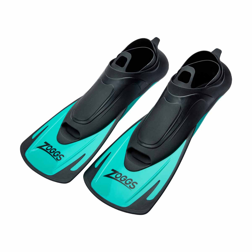 Turquoise Zoggs Swim Fin Energy for training and swimming, shown lying flat with adjustable strap and textured sole.