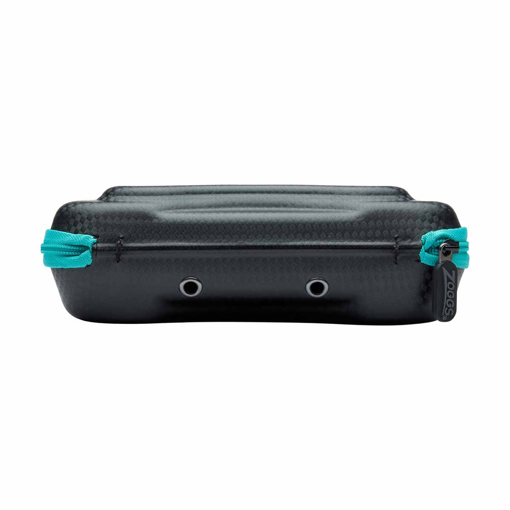 Zoggs Elite Goggle Case in black and turquoise, durable waterproof case designed to protect swimming goggles.