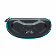 Black and turquoise Zoggs Elite goggle case with zipper closure, designed for storing and protecting swimming goggles.
