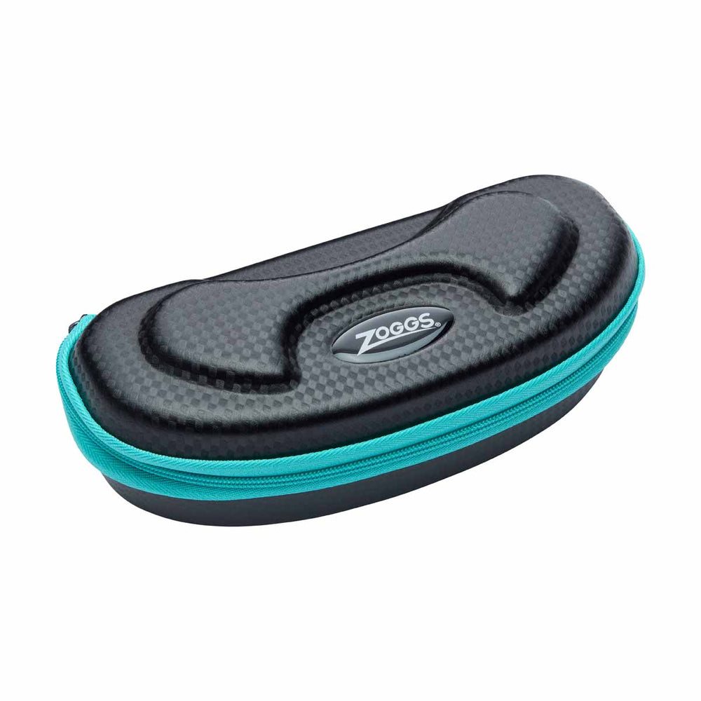 Black and turquoise Zoggs Elite goggle case with zipper closure, designed for protecting swimming goggles.