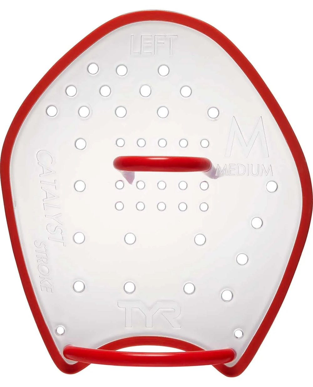 TYR Catalyst Stroke Training Paddle in clear plastic for swim training, featuring ergonomic design and adjustable straps.