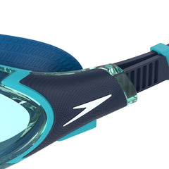 Speedo Biofuse 2.0 goggles in coastal teal and jade with adjustable straps and clear lenses for swimming comfort.