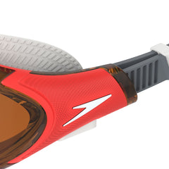 Speedo Biofuse 2.0 heat amber swimming goggles with adjustable strap and clear lens for enhanced underwater visibility.