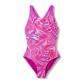 Speedo girls' neon jelly print splashback swimsuit with colorful aquatic design, perfect for swimming activities.