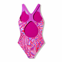 Speedo girls' neon jelly splashback swimsuit with colorful print, designed for swimming and active water play.