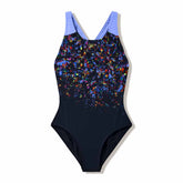 Speedo girls' print splashback swimsuit in anthracite and moonlight lavender, featuring colorful aquatic pattern and comfortable fit.