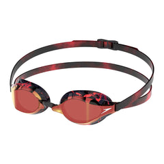 Speedo Fastskin Speedsocket 2.0 mirrored swim goggles with splatter smoke and crimson gold mirror lenses, designed for competitive swimmers.