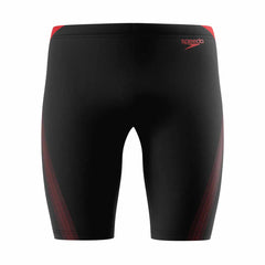 Speedo men's Hyperboom Splice jammer in anthracite and high risk red with a sleek, sporty design for competitive swimming.