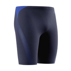 Speedo men's Hyperboom Splice jammer swimwear in peacoat and deep sapphire with colorful splice design, shown on model.