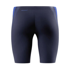 Speedo men's Hyperboom Splice jammer in Peacoat and Deep Sapphire, featuring a sleek swimwear design with colorful splice pattern.