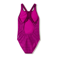 Speedo women's Endurance+ printed Medalist swimsuit in Berry Cool and Wineberry, featuring vibrant floral pattern and sleek fit.