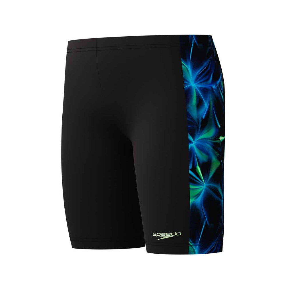 Speedo boys' digital panel jammer in anthracite and pale clover with a sleek, fitted design for competitive swimming.