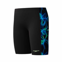 Speedo boys' digital panel jammer in anthracite and pale clover with a sleek, fitted design for competitive swimming.