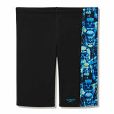 Speedo boys' print panel jammer in anthracite and hyper teal, featuring colorful swimwear with a sleek, fitted design.