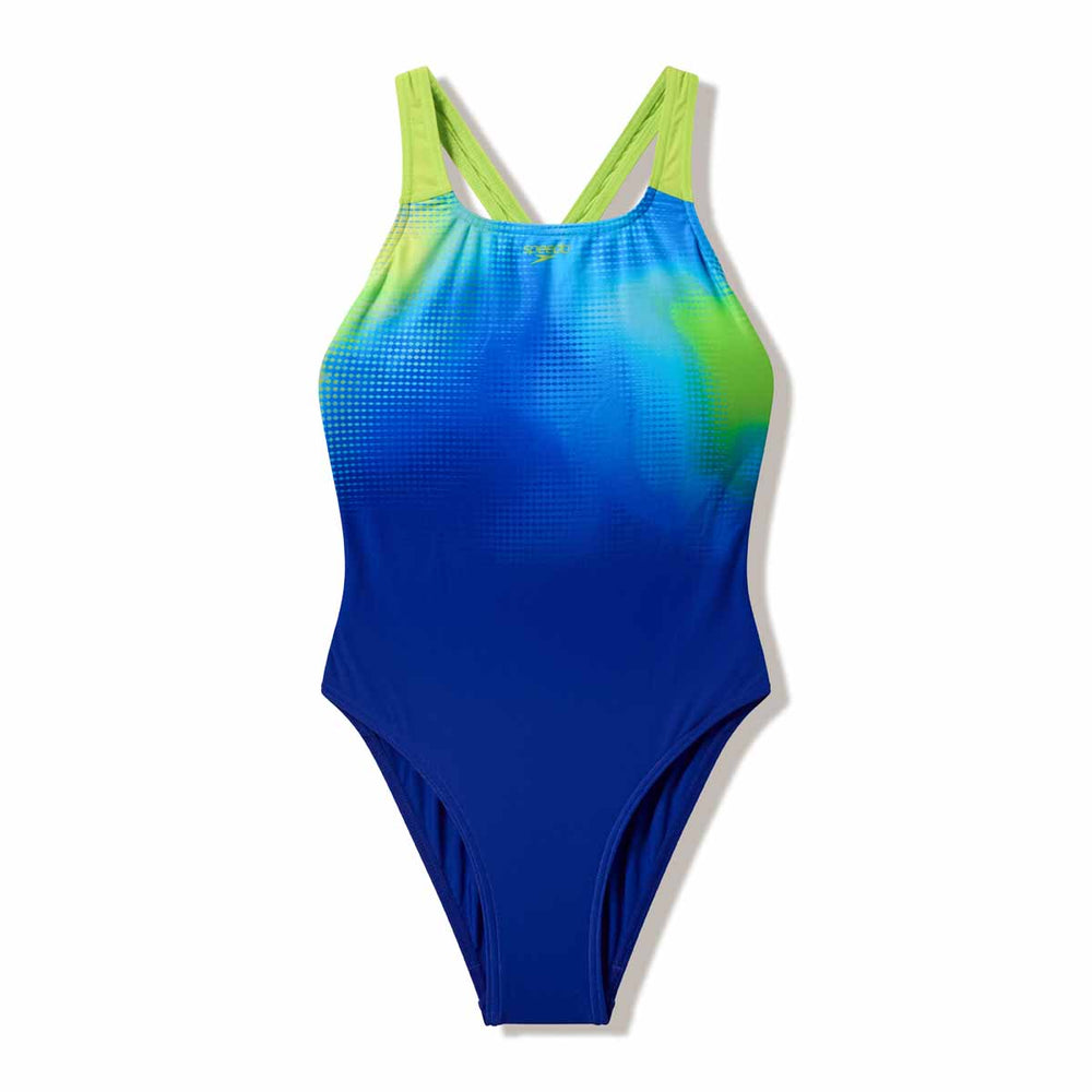 Speedo girls' print Powerback swimsuit in Night Watch and Citrus Green with colorful aquatic patterns.