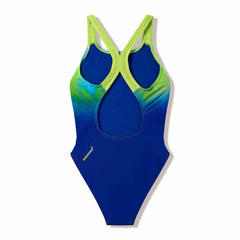 Speedo girls' print Powerback swimsuit in Night Watch and Citrus Green with colorful pattern and sporty design.