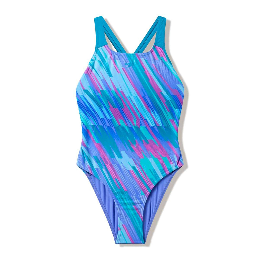Speedo girls' print Powerback swimsuit in moonlight lavender and hyper teal, featuring colorful floral patterns and sporty design.