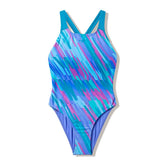 Speedo girls' print Powerback swimsuit in moonlight lavender and hyper teal, featuring colorful floral patterns and sporty design.