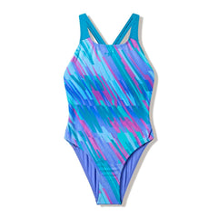Speedo girls' print Powerback swimsuit in moonlight lavender and hyper teal, featuring colorful floral patterns and sporty design.