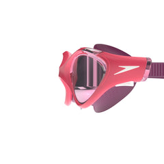 Speedo Women's Biofuse 2.0 Mirror Goggles in Guava, Steel, and Punch Mirror with reflective lenses and adjustable strap.