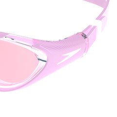 Speedo Women's Biofuse 2.0 goggles in sweet pink and vermillion with adjustable straps and clear lenses for swimming.