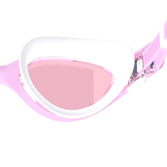 Speedo Women's Biofuse 2.0 goggles in sweet pink and vermillion with clear lenses and adjustable straps.