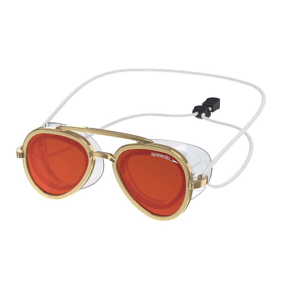 Speedo Sunny G Mariner mirrored swimming goggles in gold, bronze, and crimson with adjustable straps and reflective lenses.
