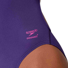 Speedo women's FL Solid Web Back swimsuit in Acai Purple, featuring a sleek design and comfortable fit for swimming.