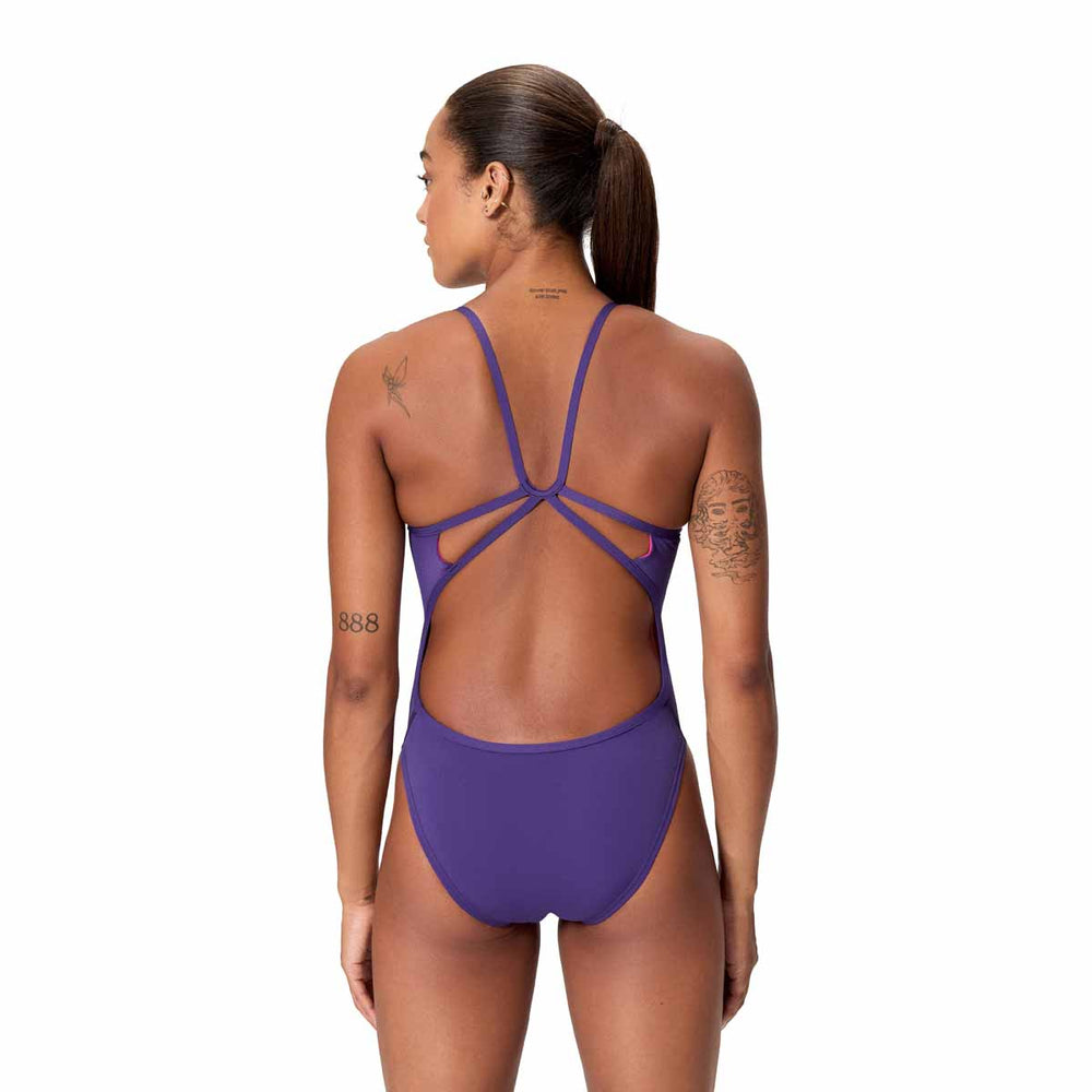 Speedo women's FL Solid Web Back swimsuit in Acai Purple, featuring a sleek one-piece design with web back straps.