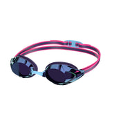 Speedo Vanquisher 3.0 mirrored goggles in acai purple, smoke, and iris mirror with adjustable strap and reflective lenses.