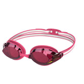 Speedo Women's Vanquisher 3.0 Mirrored Goggles in Margarita Pink, Ablaze, and Punch Mirror with adjustable straps and mirrored lenses.