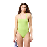 Speedo women's solid citrus green V-back 2.0 swimsuit, sleek swimwear with supportive fit, designed for active swimming and comfort.