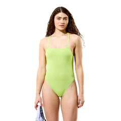 Speedo women's solid citrus green V-back 2.0 swimsuit, sleek swimwear with supportive fit, designed for active swimming and comfort.