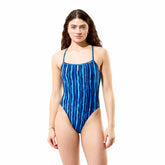 Speedo women's printed web back swimsuit with brushy stripe pattern in Calm Cobalt, featuring a stylish and comfortable design.