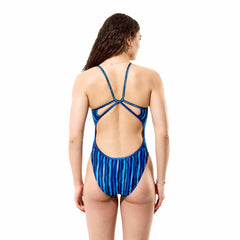 Speedo women's printed web back swimsuit with brushy stripe pattern in calm cobalt, designed for comfortable swimming.