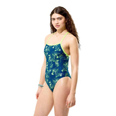 Speedo women's printed turnback swimsuit in Mirage Time-Denim Teal, featuring a stylish design and comfortable fit for swimming.