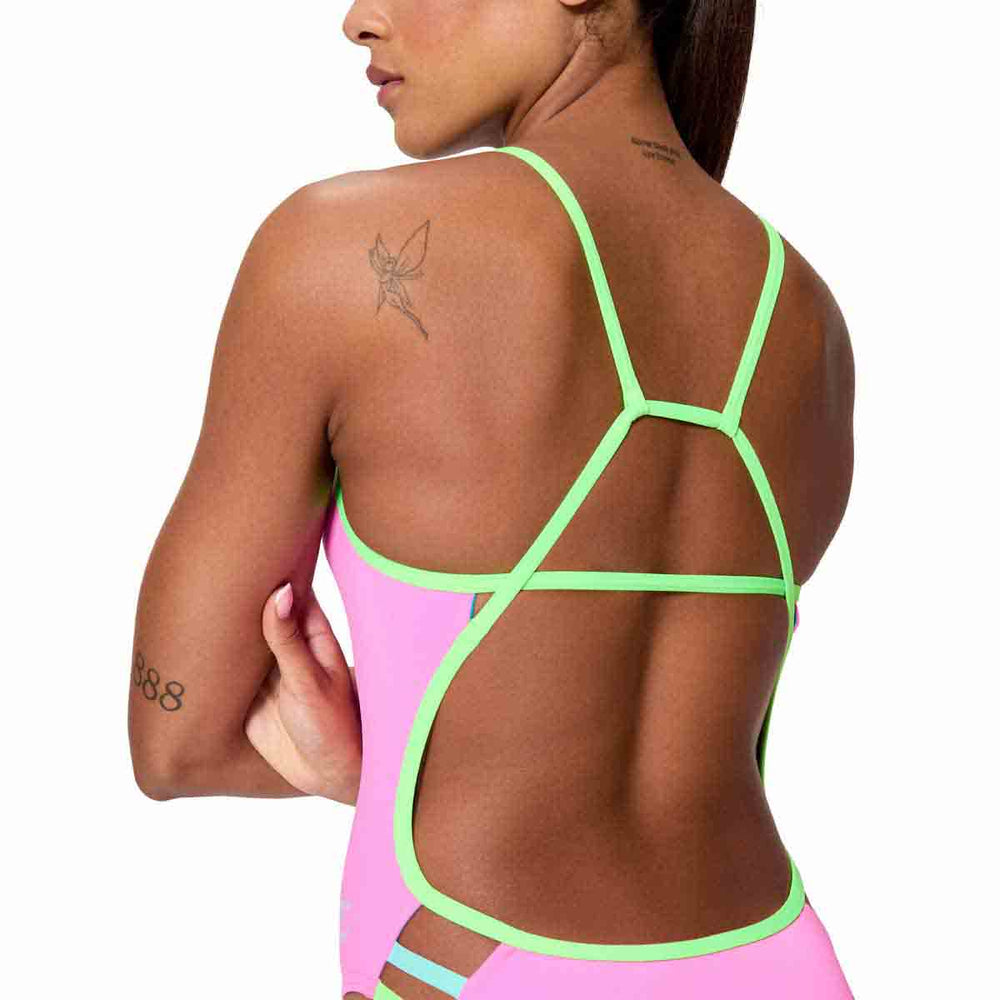 Speedo women's neon flamingo solid tri-back swimsuit, vibrant swimwear with supportive design and sleek fit.