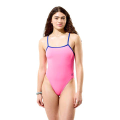 Speedo Women's Solid Tri Back Swimsuit in Hope color, featuring a sleek design and supportive straps for swimming and water activities.