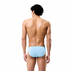 Speedo men's solid briefs in blue, featuring a snug fit and elastic waistband, designed for comfortable swimwear.