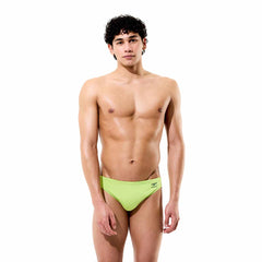 Speedo men's solid citrus green briefs showing a snug fit, with elastic waistband and smooth fabric for swimming or beachwear.