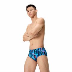 Speedo men's printed 13.5cm brief in canyon ombre and black, featuring a snug fit and vibrant design for swimming.