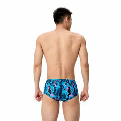Speedo men's ML printed 13.5cm brief in canyon ombre and black, featuring a colorful, fitted swimwear design.
